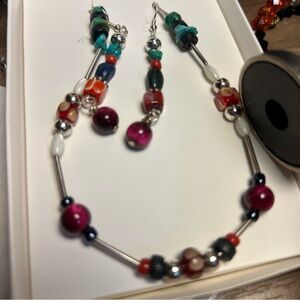 Lamp work & red tiger eye Beads Necklace 925 Set